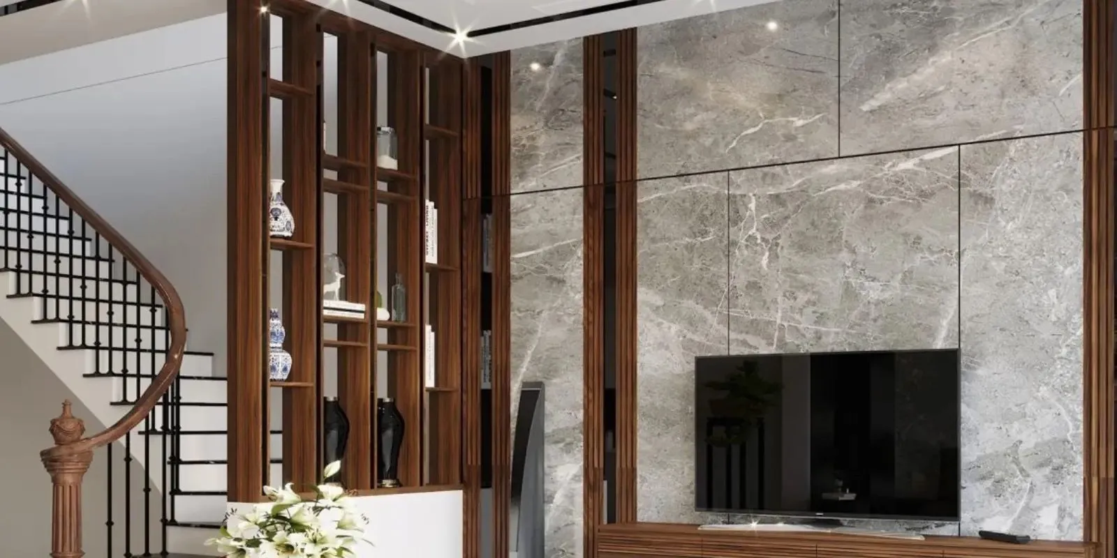Vách ngăn cầu thang phòng khách cho biệt thự