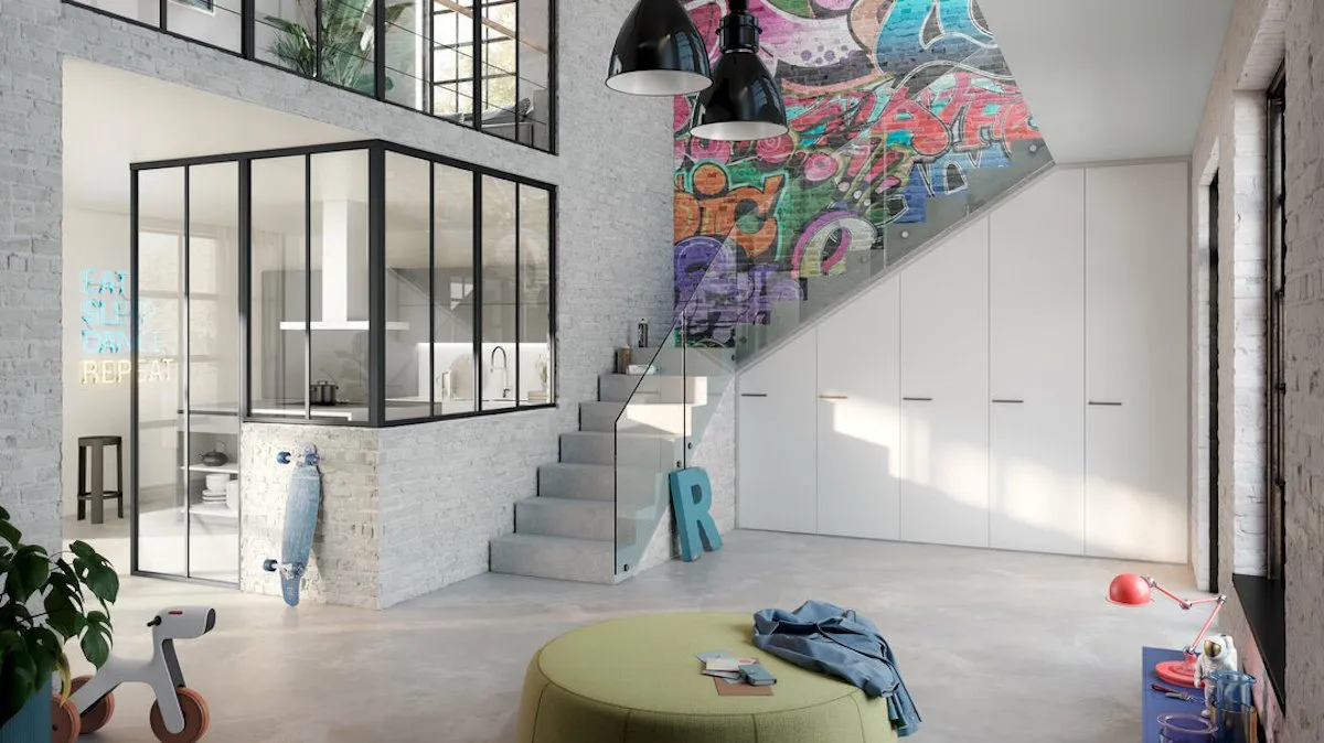 Vách ngăn cầu thang phòng khách bằng kính trong suốt