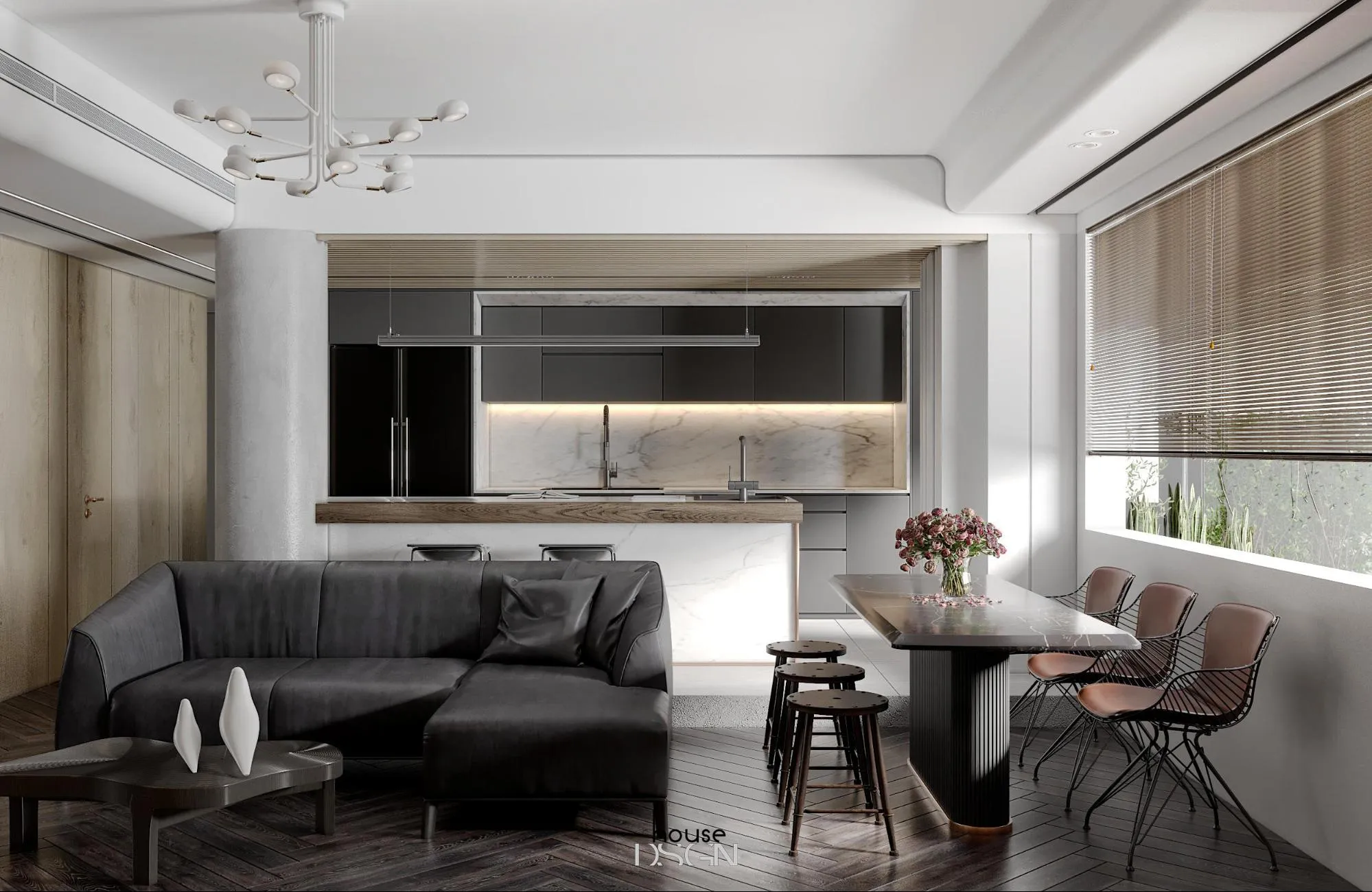 vách ngăn giữa phòng khách và phòng ăn