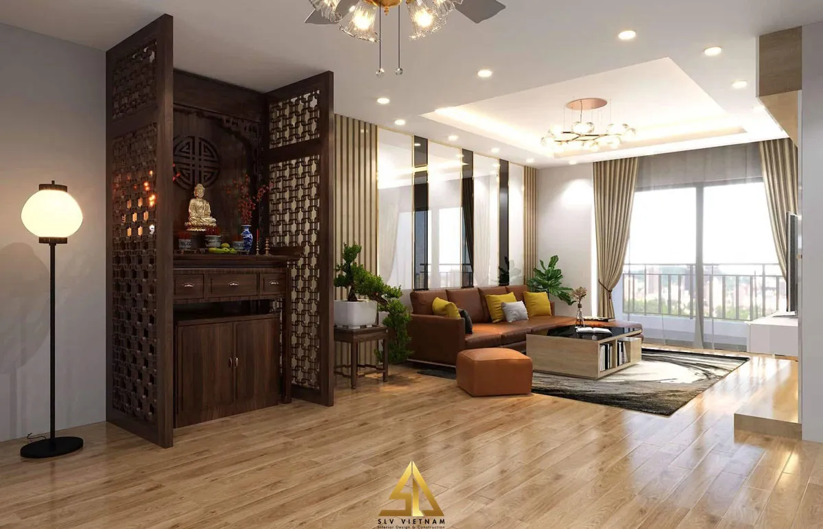 Mẫu 3: Vách ngăn gỗ cho bàn thờ phòng khách hiện đại