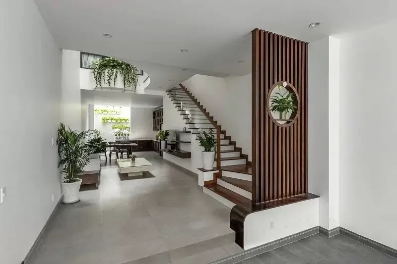 Vách ngăn gỗ óc chó kết hợp cây xanh