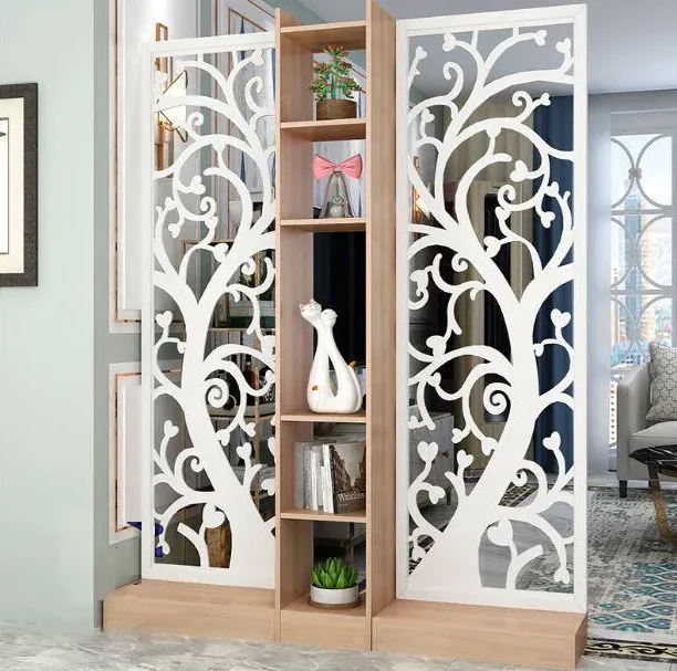 Kệ gỗ vách ngăn phòng khách kết hợp gỗ MFC và composite với độ bền trên 10 năm