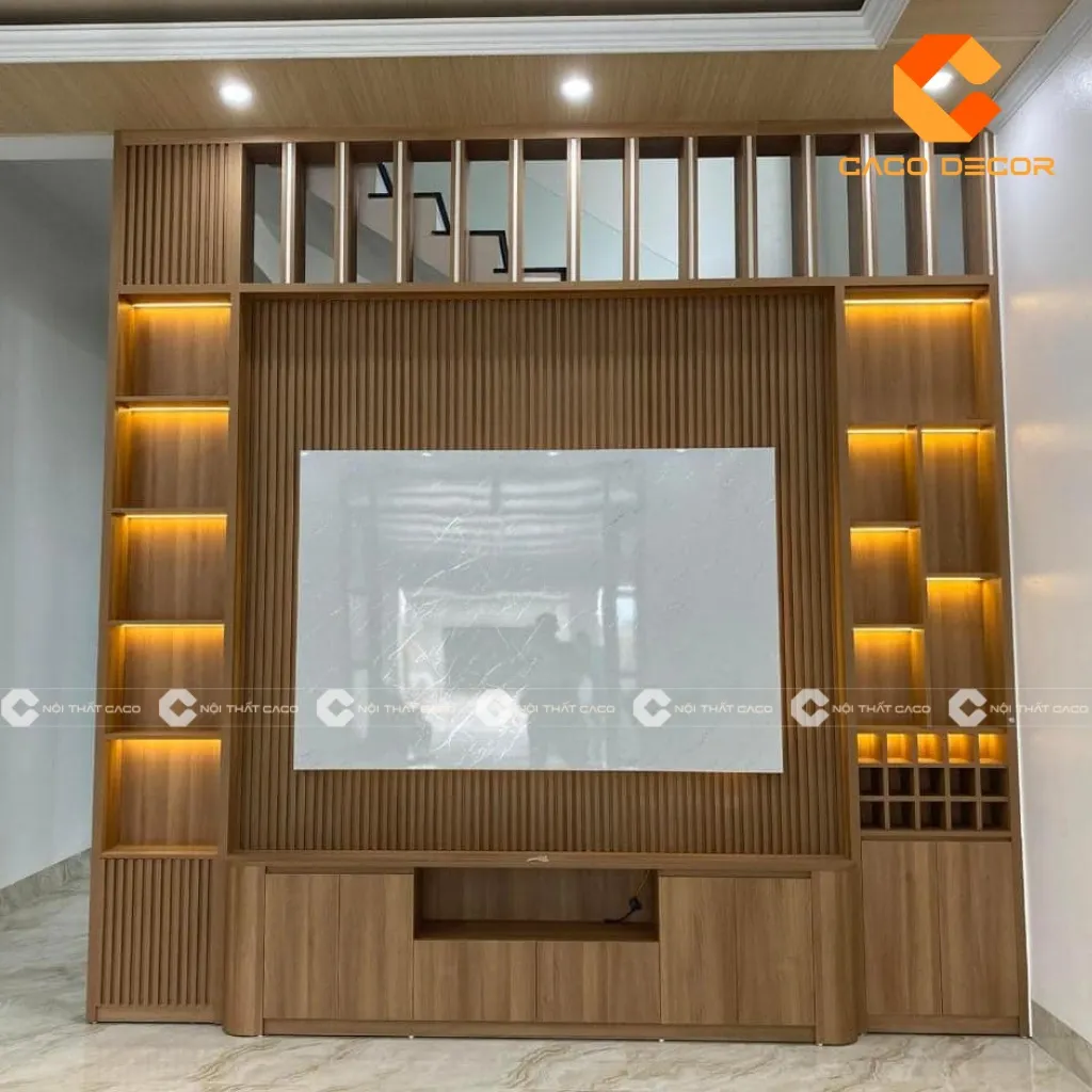 Vách ngăn kệ tivi đá và gỗ cao cấp