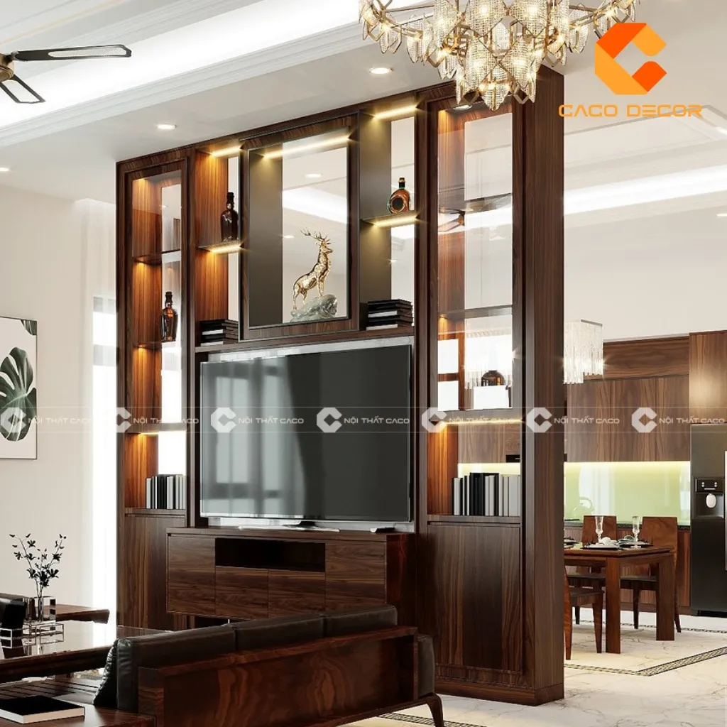 Vách ngăn kệ tivi là điểm nhấn thẩm mỹ