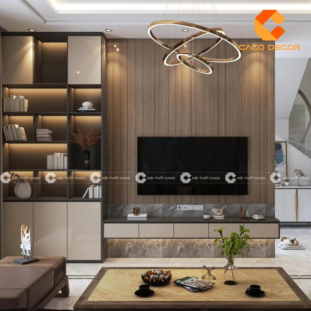 Vách ngăn kệ tivi gỗ công nghiệp phủ veneer