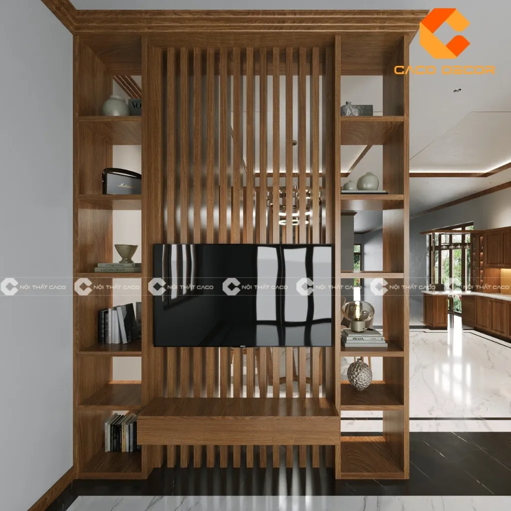 Vách ngăn kết hợp kệ tivi phòng khách sang trọng