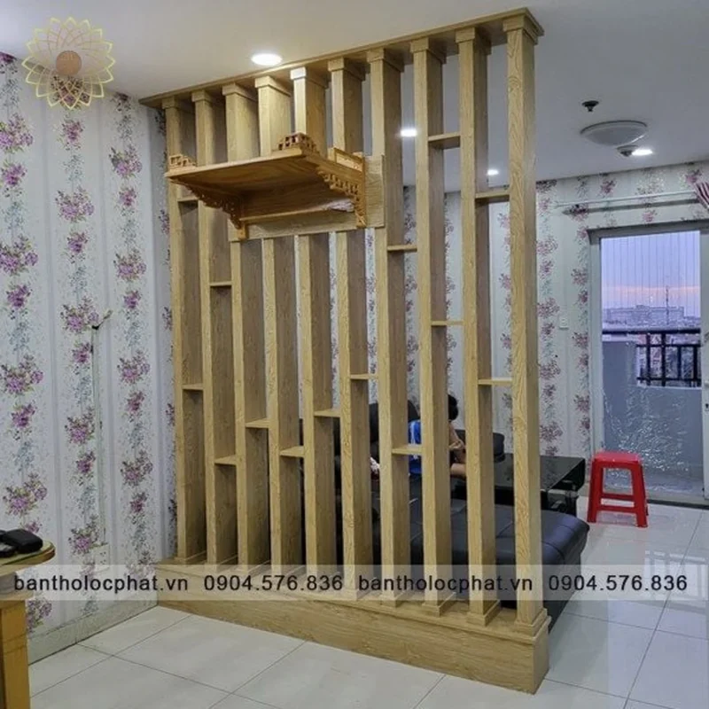 vách ngăn kết hợp bàn thờ CNC gỗ phòng thờ