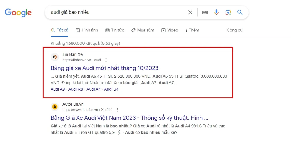 Ví dụ về Google xếp hạng theo ý định tìm kiếm thực tế
