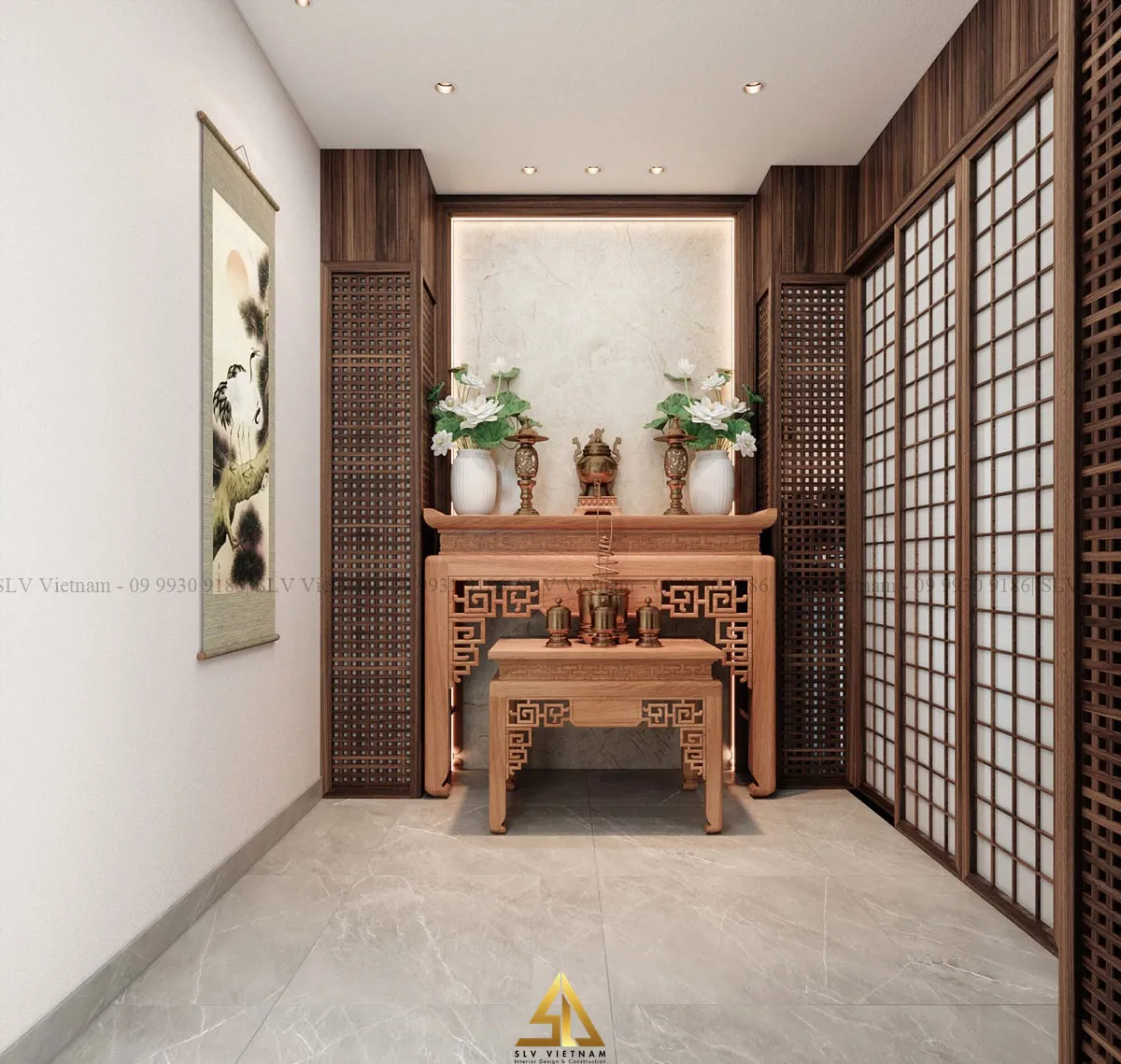 Mẫu 3: Phòng khách nhà ống đặt bàn thờ có vách ngăn