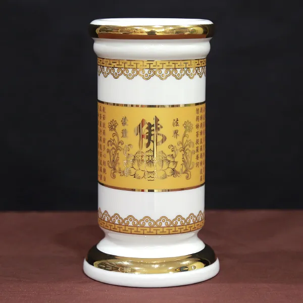 Sản phẩm ống hương sứ trắng khắc tâm kinh bằng vàng biểu tượng của trí tuệ và bình an