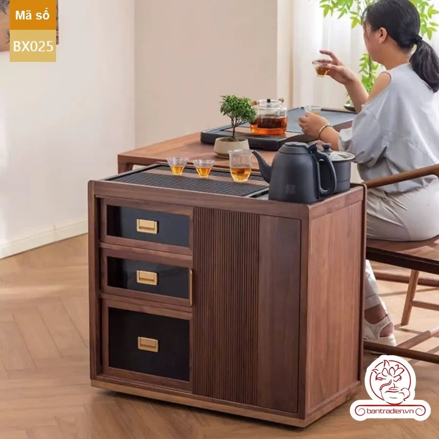 Xe trà di động tủ kệ trà kết hợp bàn pha trà đa năng gỗ óc chó Bắc Mỹ BX025