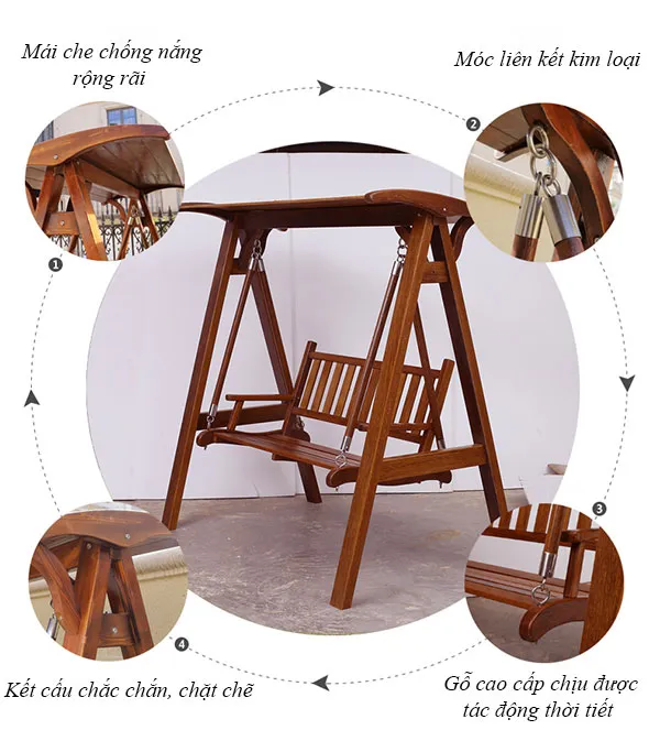 Cấu tạo chi tiết của xích đu gỗ dùng ngoài trời, trong không gian sân vườn