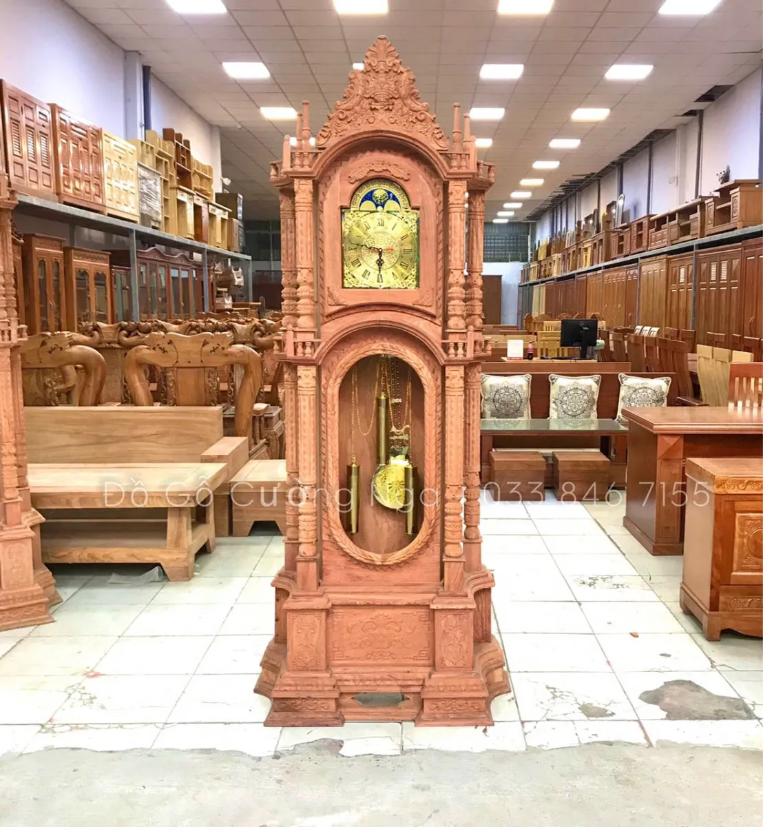 Đồng hồ cây gỗ Hương Đá mẫu tháp chạm Tứ Linh