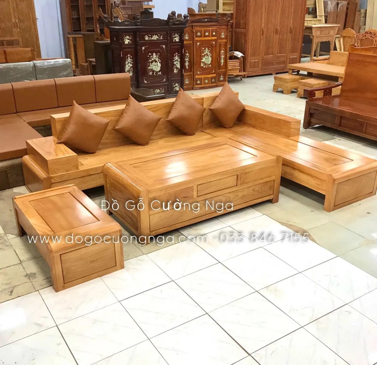 Bộ bàn ghế gỗ sofa hiện đại chân cuốn với kích thước lớn 2m82 x 2m12