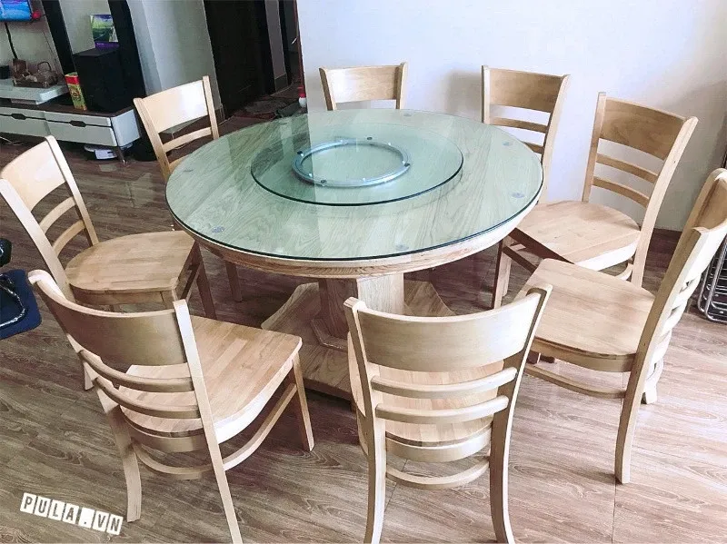 Bàn ăn tròn xoay 1m2 màu tự nhiên