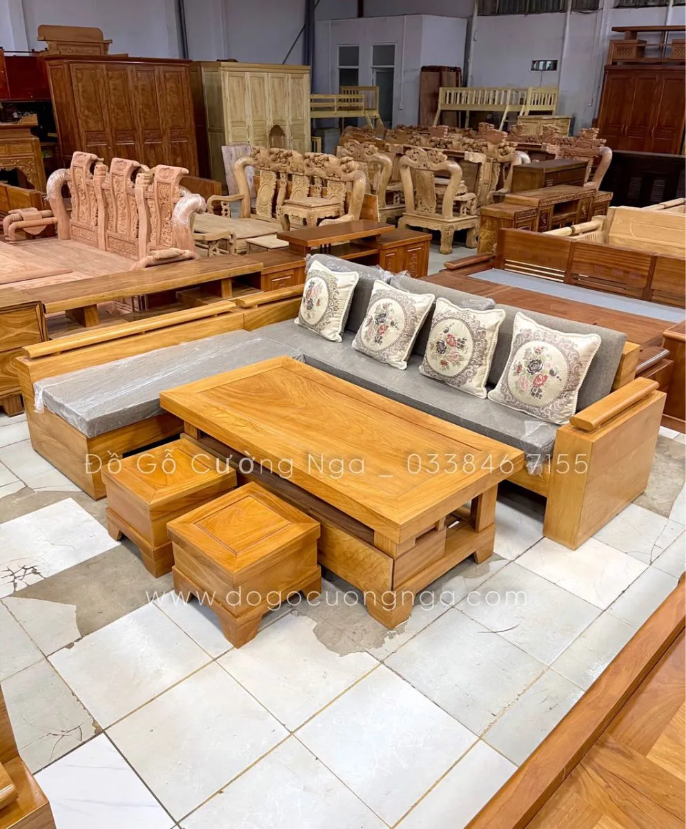 Mẫu bàn ghế gỗ sofa hiện đại góc L tay trứng sang trọng cho phòng khách