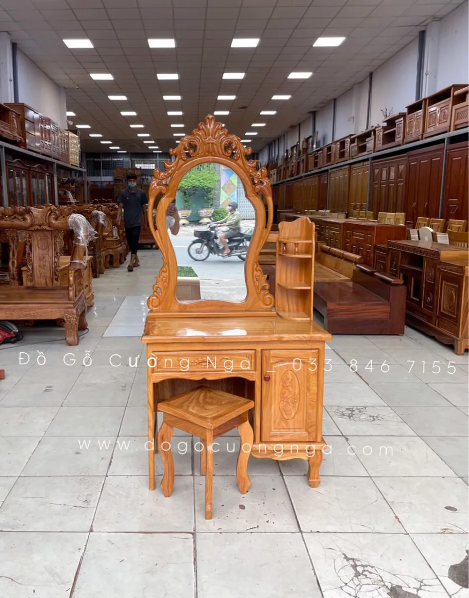 Mẫu bàn trang điểm gỗ gõ đỏ cao cấp với chi tiết chạm khắc