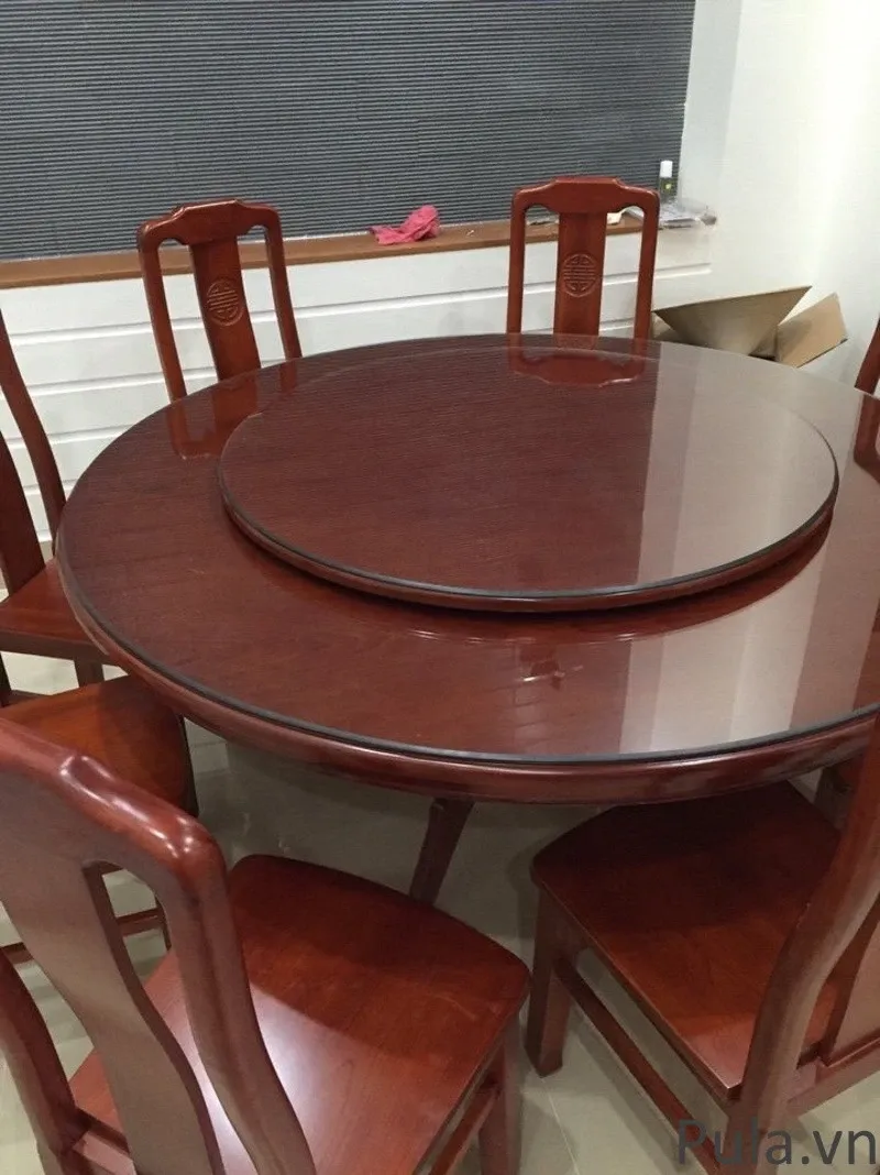 Bàn ăn tròn xoay sơn nâu đậm
