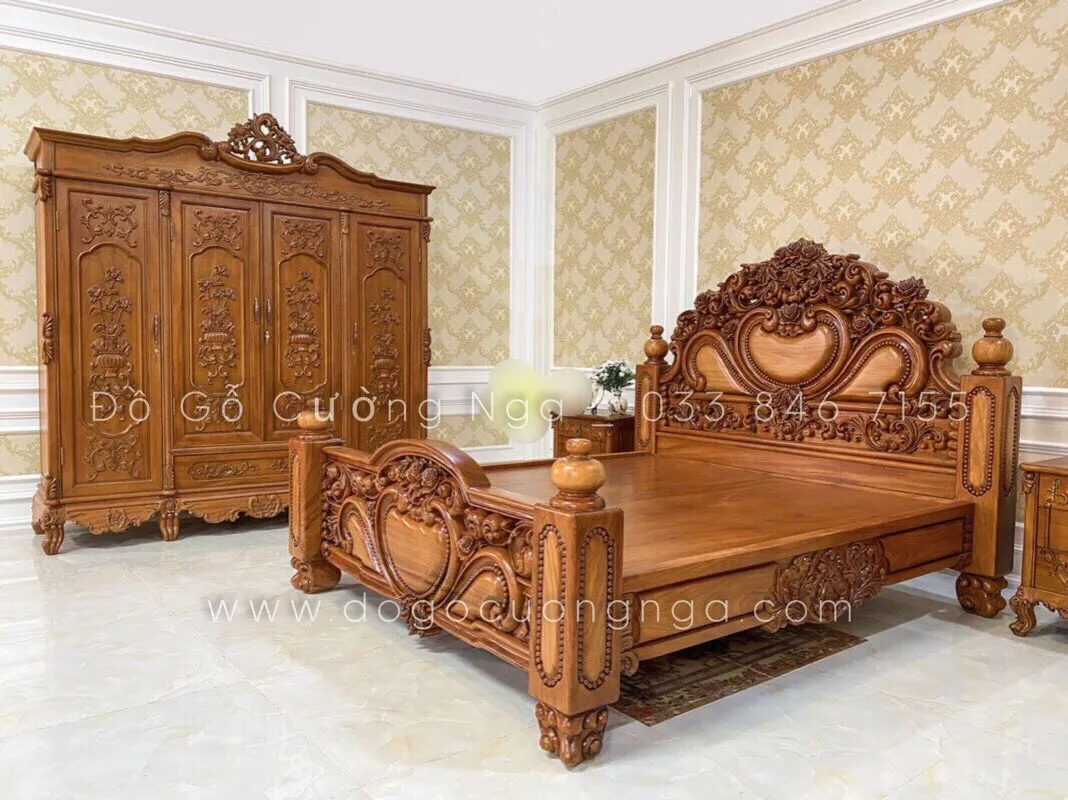 Giường ngủ gỗ tự nhiên phong cách cổ điển chạm khắc tinh xảo