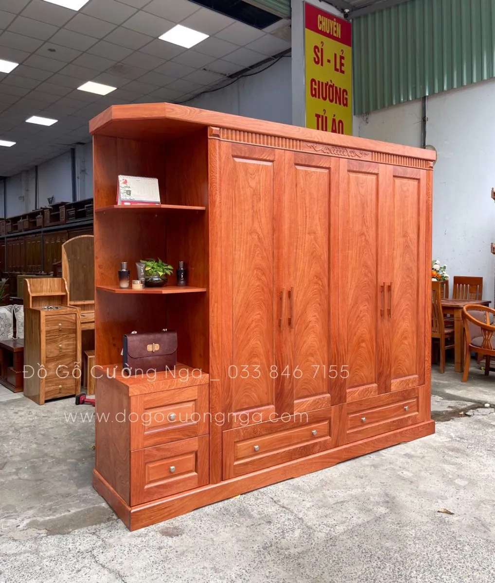 Tủ quần áo gỗ hương đá 4 cánh góc với thiết kế hiện đại và các ngăn chứa tiện lợi