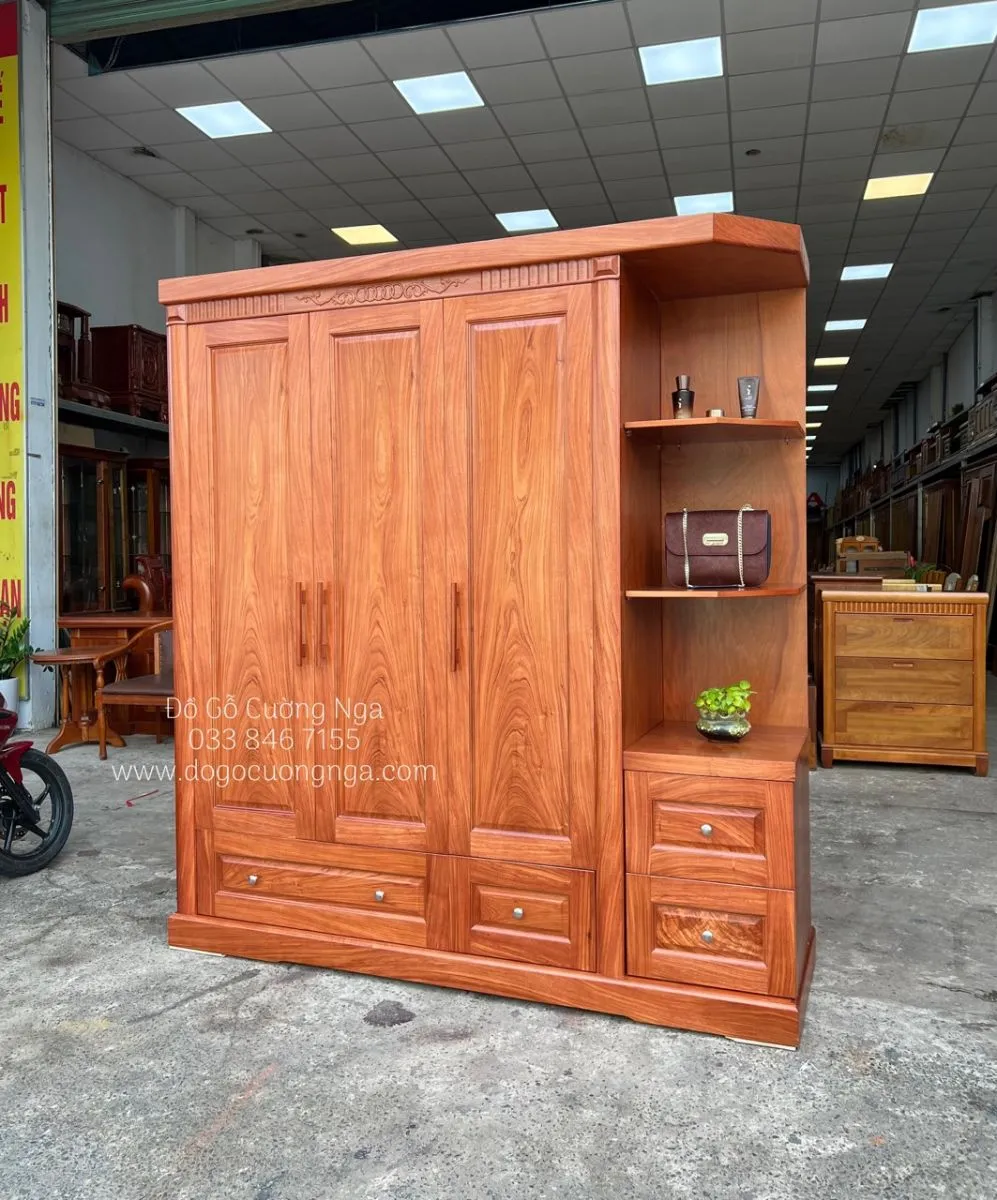 Tủ quần áo gỗ hương đá 3 cánh kèm tủ góc, giải pháp lưu trữ tối ưu