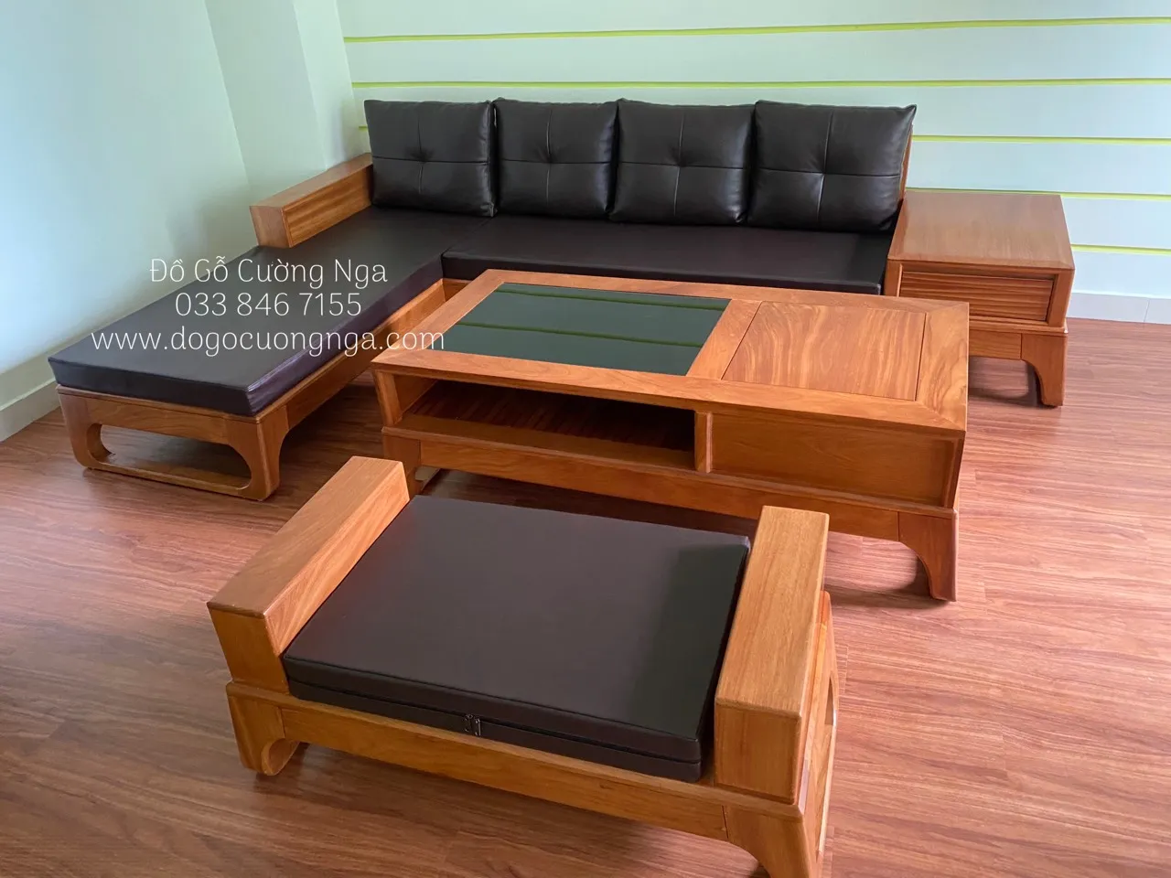 Sofa gỗ gõ đỏ góc hiện đại bọc nệm da sang trọng
