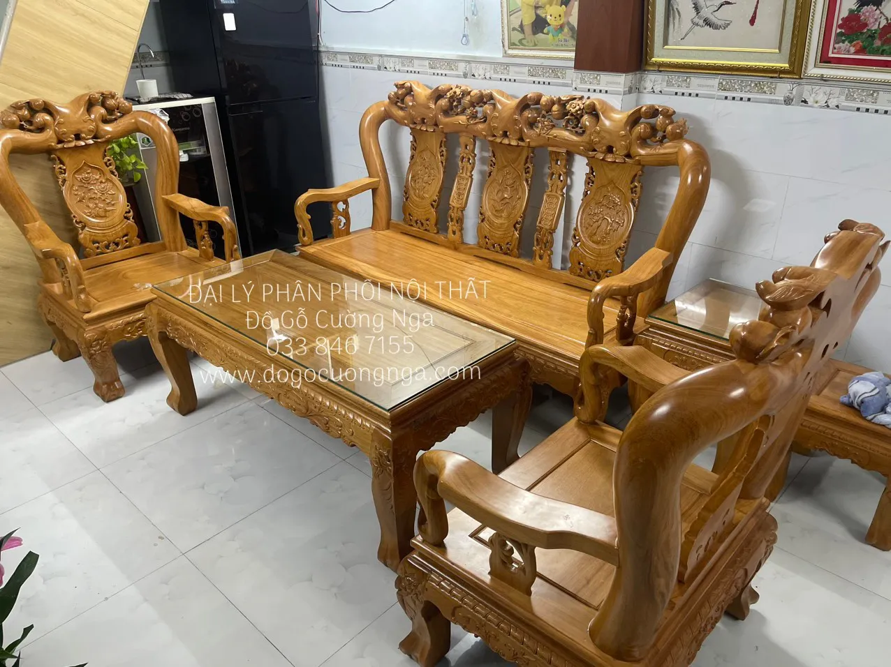 Bàn ghế salon gỗ gõ đỏ chạm khắc tinh xảo