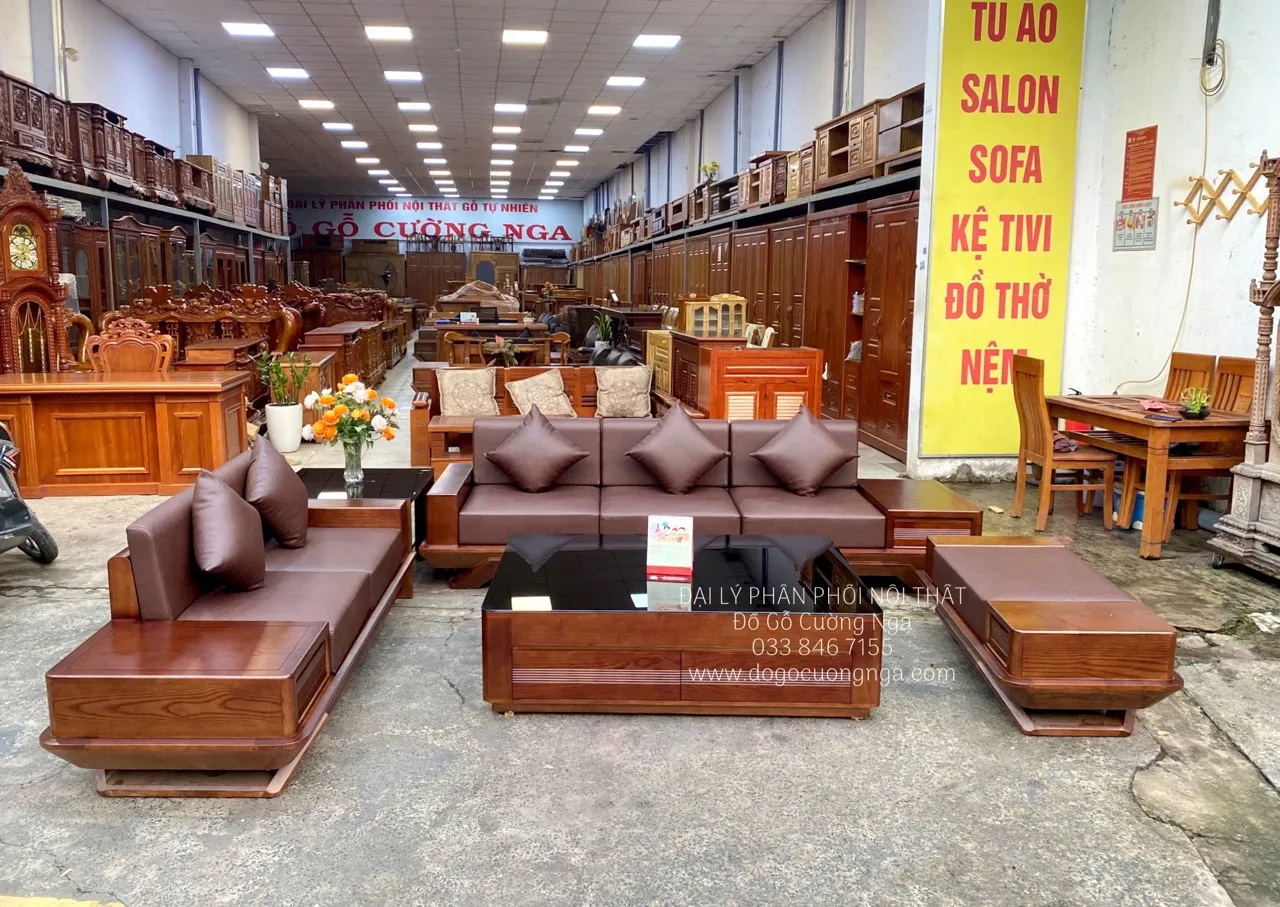 Ghế sofa 2 văng gỗ sồi lau màu óc chó hiện đại