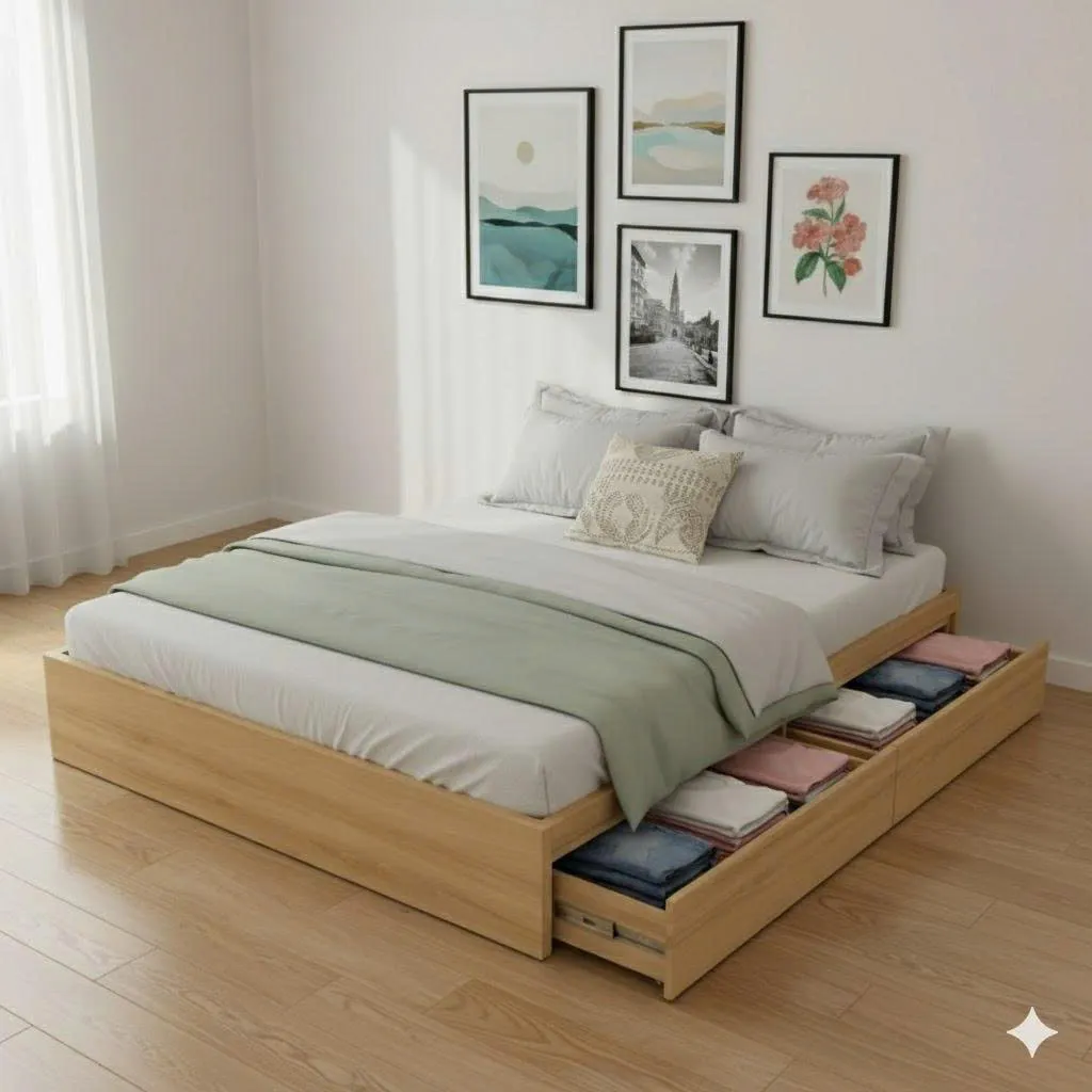 Giường ngủ gỗ MDF phủ melamine không đầu giường, thiết kế liền khối hiện đại