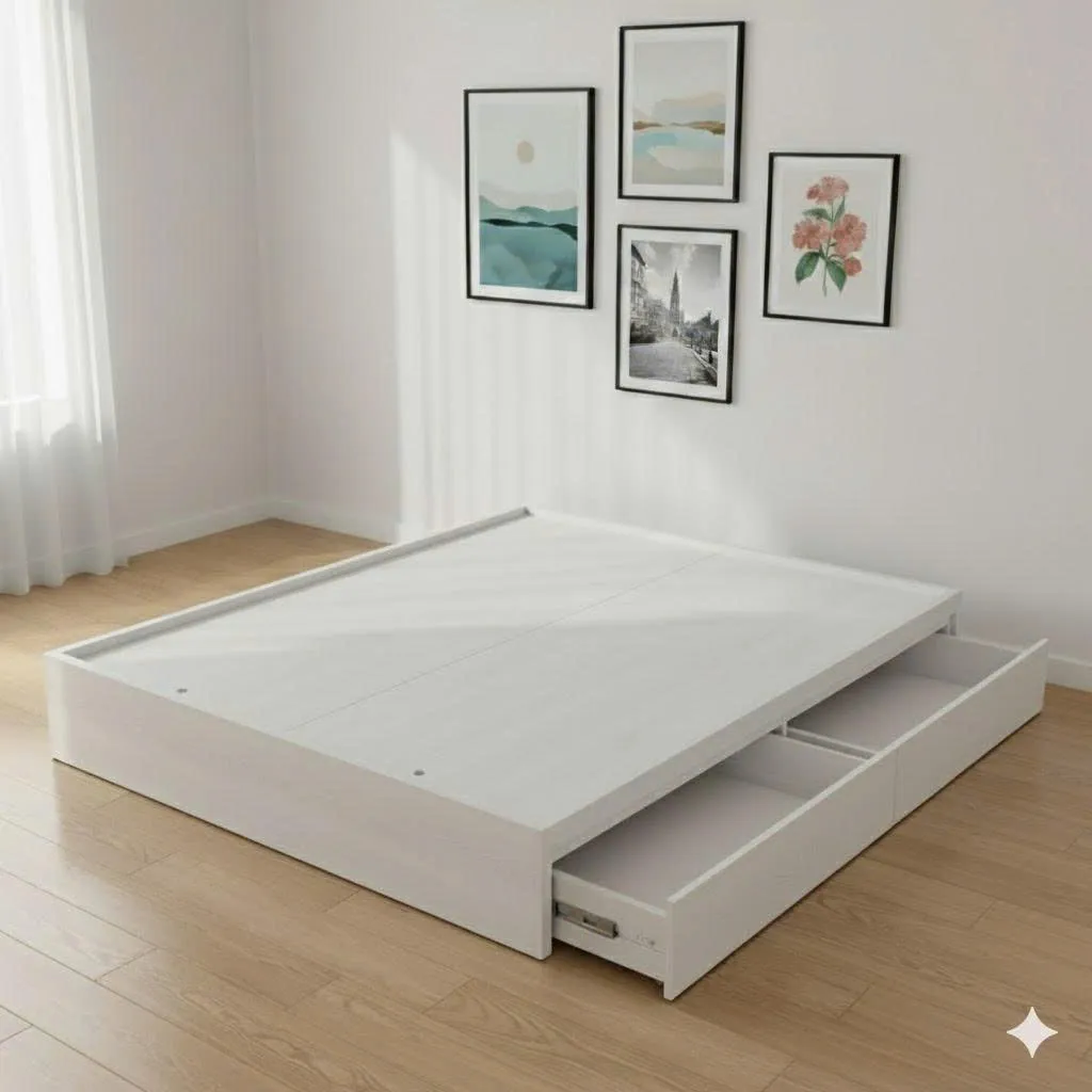 Khung giường liền khối không tay cầm, tạo cảm giác gọn gàng cho phòng ngủ nhỏ